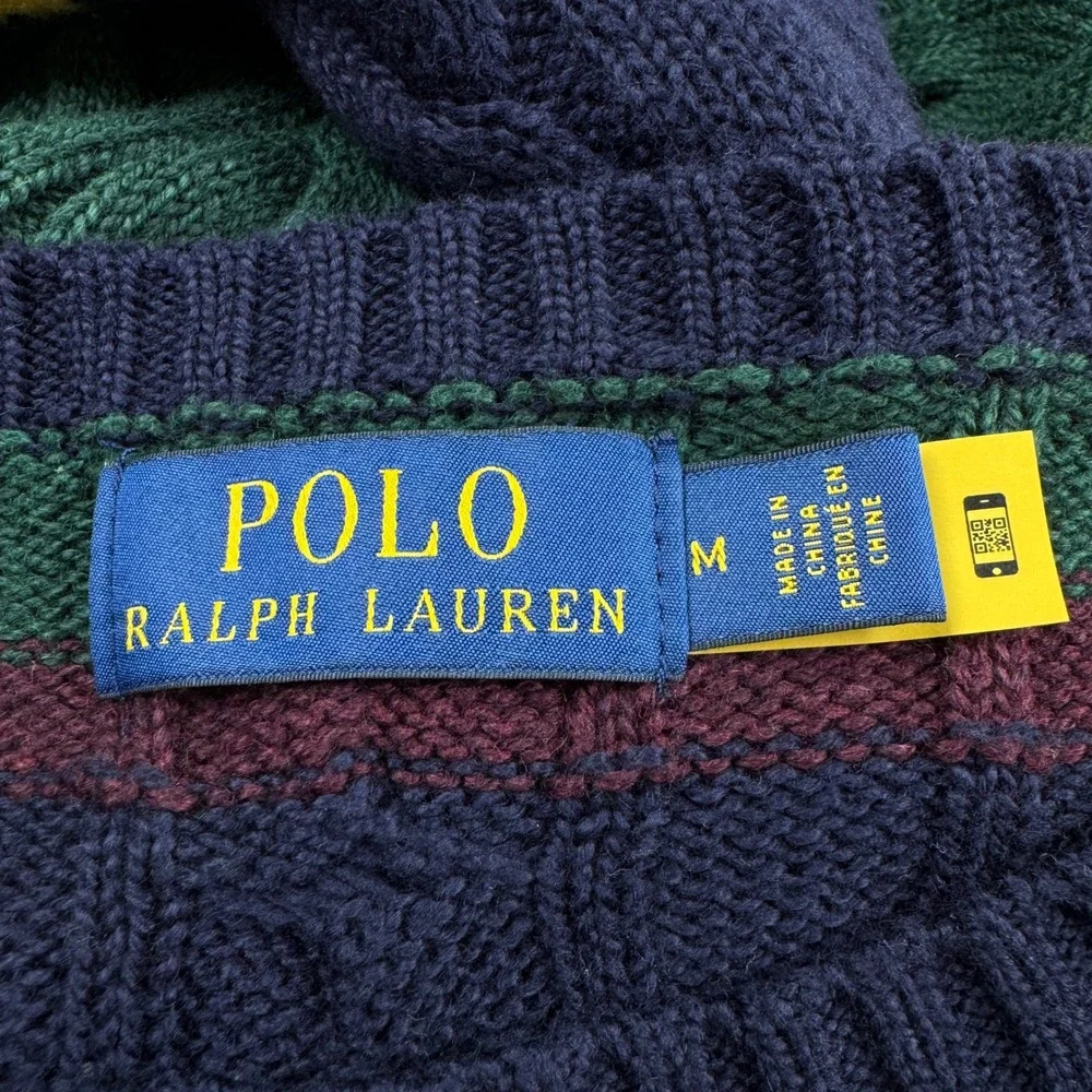 Polo Ralph Lauren Mens Cable Knit Striped Crewneck Sweater Cotton Medium